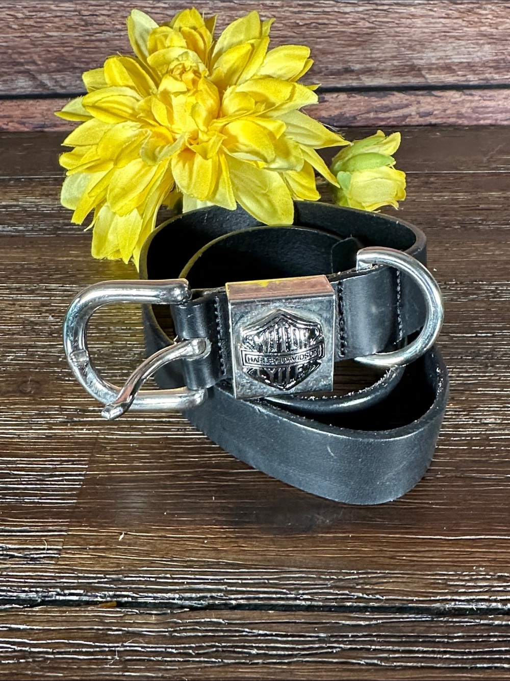 Harley-Davidson Black Leather Belt with Silver Shield Buckle